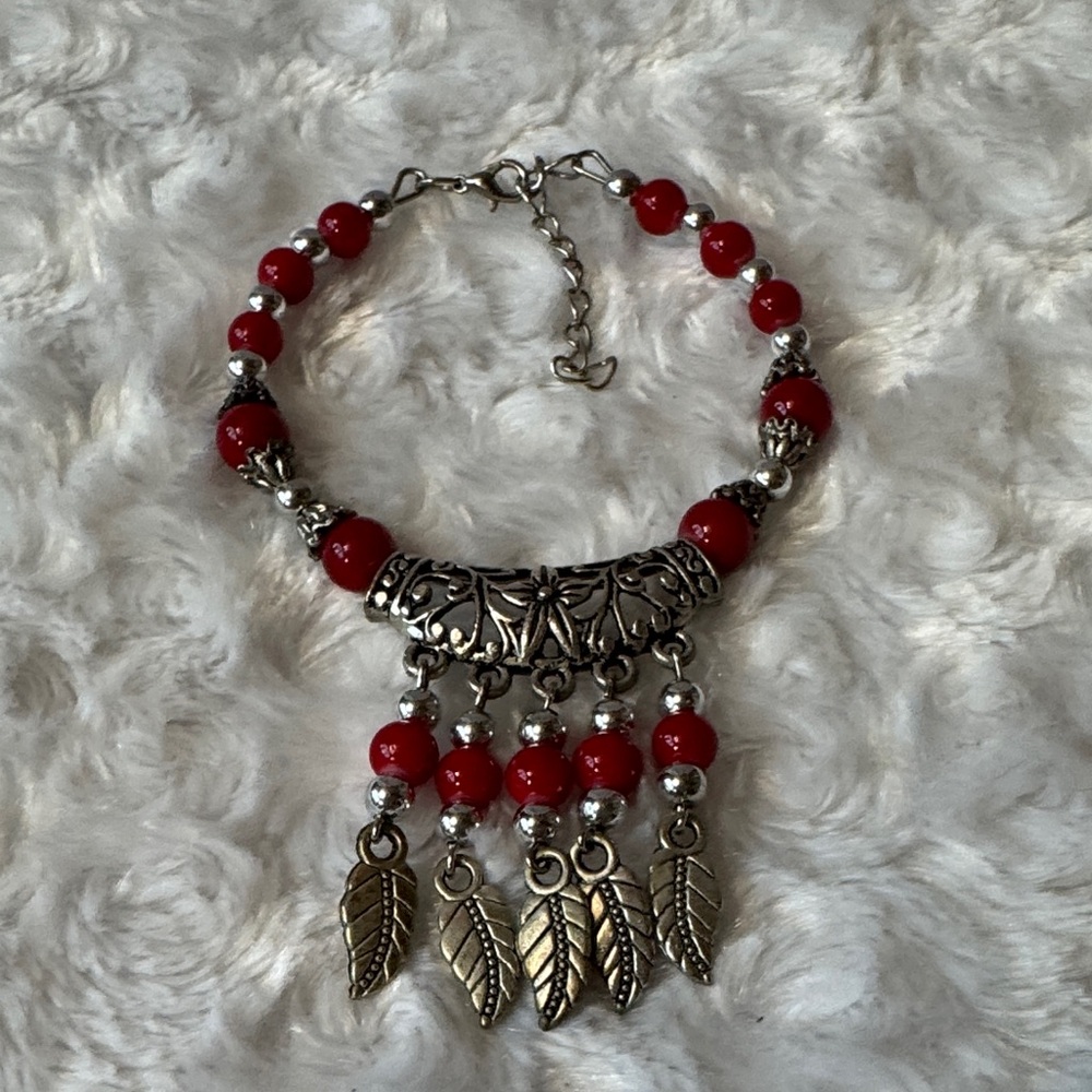Elegant Red and Silver Leaf Charm Bracelet